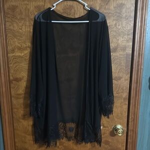 Elegant Black Sheer Kimono with Lace Trim